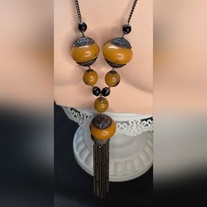 Vintage Butterscotch Casein Y Necklace Art Deco Czech Tassel Statement